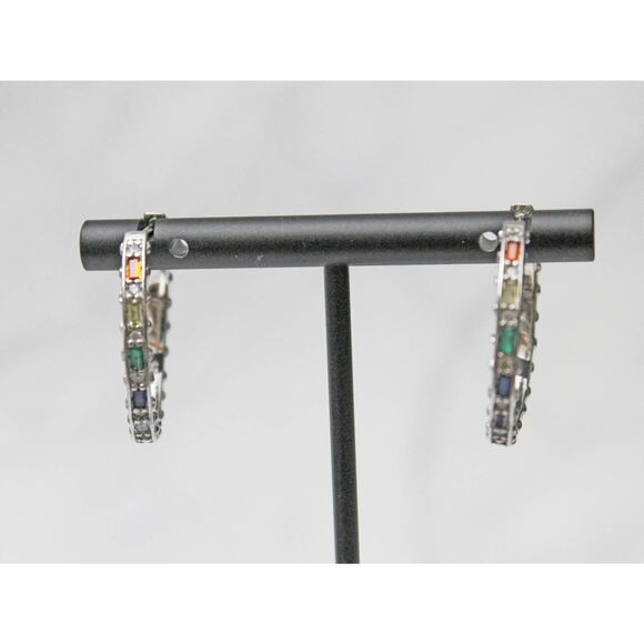 Silver Hoop Earrings with Various Color Rhinestones Inset E52 - Picture 2 of 3
